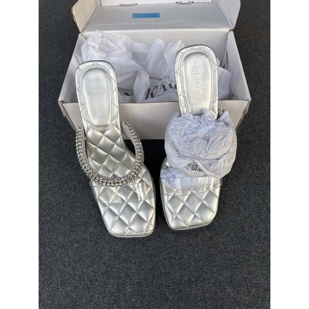 Dream Pairs Silver Rhinestone Quilted Square Toe Flared Heel Sandals Mules 7.5